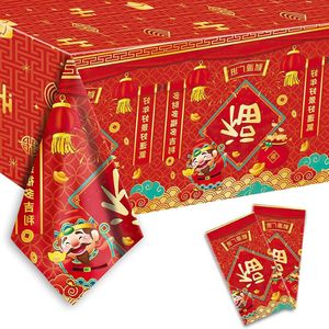 Chinees Nieuwjaar tafelkleed decoraties - 2 stuks - 130 x 220 cm - wegwerp - rood - gelukkig nieuwjaar - tafeldecoraties - plastic - tafelkleed - Chinese lente festival - feestdecoraties.