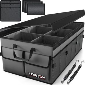 Auto Organizer, Auto Kofferbak Organizer, Achterbak Organizer, Opvouwbare Organizer Auto met Compartimenten, Antislip Bodem, Verstelbare Bevestigingsriempjes, Opvouwbaar Deksel (Grijs, Standard)