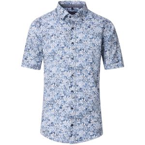 CASA MODA Sport Overhemd - Korte Mouw - Blauw met Wit Bloemen Dessin - Popeline