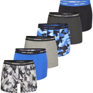 Happy Shorts Heren Boxershorts Trunks Camouflage Blauw/Grijs/Zwart 6-Pack - Maat XL