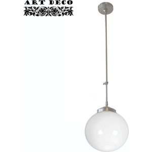 Art deco hanglamp Globe | 1 lichts | 65-105 cm | Ø 25 cm | grijs / staal / wit | glas / metaal | verstelbaar | woonkamer | gispen / retro / jaren 30