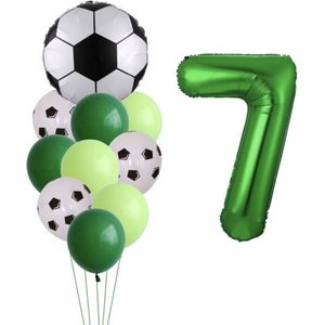 Ballonnen Voetbal - 7 Jaar - Themafeest Voetbal - Kinder Verjaardag Versiering Voetbal - Voetbalfans - Feestversiering / Feestpakket - 11 stuks - Ballonnen Set - Thema Verjaardag Voetbal - Groene / Witte ballon - Helium ballon -Happy Birthday