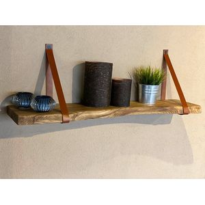 Wandplank Eiken 60 x 20-25 cm - Boomstam wandplank - Leren bandjes