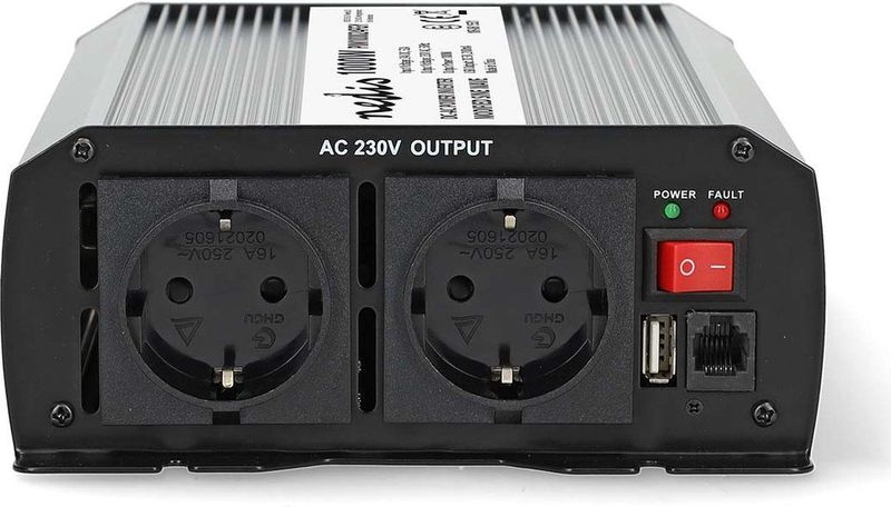 Nedis Omvormer Gemodificeerde Sinusgolf - 24V naar 230V - 1000 W - Piekvermogen: 2000 W - Screw Terminal - Type F (CEE 7/3) / USB-A - Zilver