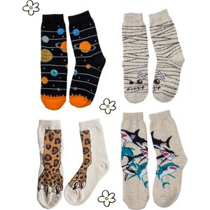 Nature Planet - set van 4 kindersokken, haai, mummie, luipaard en heelal sterren (100% Oeko-tex gecertificeerd), maat 19-22