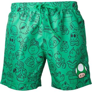 Nintendo - Mario Swimshort Green with Allover Print and Small Mushroom Head - Maat M