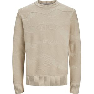 JACK & JONES Josh knit crew neck slim fit - heren pullover katoenmengsel met O-hals - beige - Maat: S