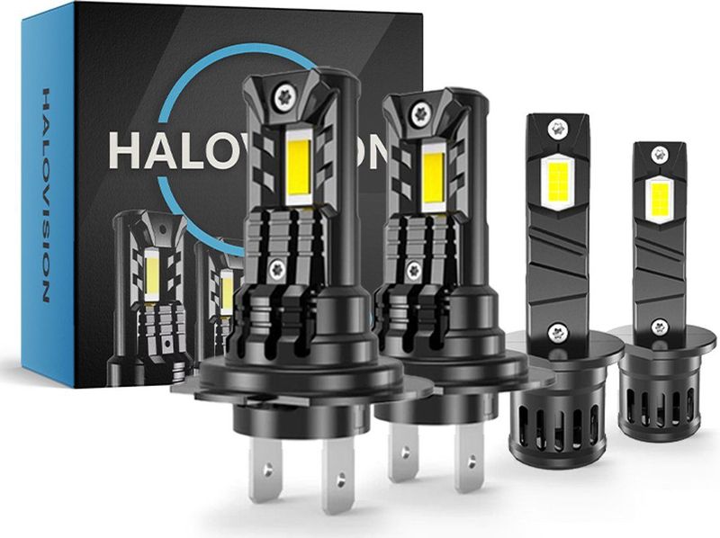 HaloVision Turbo LED Groot Licht + Koplampen H7 + H1 – 150W 30000Lm 6000K Helder Wit – Canbus Plug en Play Dimlicht + Grootlicht LED Set van 4 Autolampen