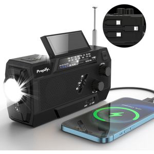 Prepify Noodradio solar opwindbaar met powerbank - 4000 mAh - Opwindbare radio - Noodradio dynamo solar - Batterij opwindbaar - Noodradio zaklamp/Powerbank - Survival radio - FM - AM - Zwart