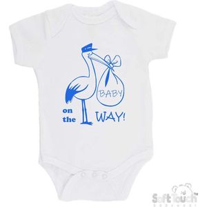 100% katoenen Romper Aankondiging Zwangerschap ""Baby on the way""! 2.0"" Ooievaar Jongens Katoen Wit/blauw Maat 62/68