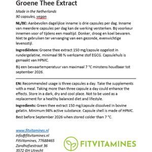 Groene Thee Extract | 150 mg EGCG 98% zuiver | 90 capsules (HPMC)