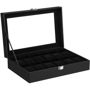Horlogebox met 12 vakken, horlogebox met glazen deksel, metalen slot, premium horlogebox, PU-deksel in zwart, fluwelen voering in zwart - JWB12BV2