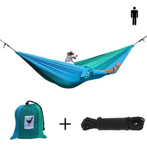 MoreThanHip - Single (reis)hangmat Ocean - 1 Persoons - Incl. set touwen - blauw/groen - 180 kg draagvermogen - lichtgewicht - compact