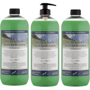 Body & Hair Alpenkruiden 1 liter - set van 3 stuks - met gratis pomp - 2 in 1 voor lichaam en haar.