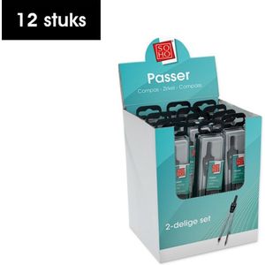 SOHO Passer Staal 2–delig – Ergonomische passer voor tekenen – Hoogwaardige tekenpassers – Compacte en handige passer – Zilver/Zwart – 12 stuks