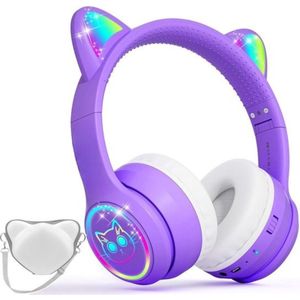StayPowered Kinder Bluetooth Hoofdtelefoon - Perfect voor School & Reis - Veilig Volumeniveau - Heldere Geluidskwaliteit - met LED - Draadloos & Bekabeld - Versterkt Materiaal - Lange Batterijduur - Paars/Wit - Levering Sneller dan Aangegeven!