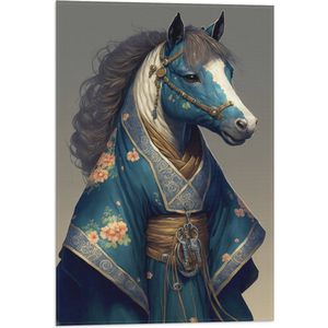 Vlag - Portretfoto van Paard in Blauwe Badjas - 40x60 cm Foto op Polyester Vlag