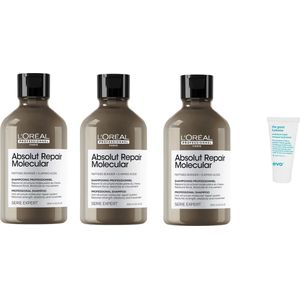 3 x L'Oréal Professionnel - Absolut Repair Molecular Shampoo – 300 ml + WILLEKEURIG Travel Size