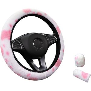 Kasey Products - Zachte Pluche Stuurhoes - Stuurhoes Auto - Stuurhoes Set - Koe Patroon - Roze