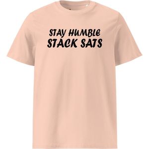Stay Humble - Bitcoin T-shirt - Unisex - 100% Biologisch Katoen - Kleur Perzik - Maat S | Bitcoin cadeau| Crypto cadeau| Bitcoin T-shirt| Crypto T-shirt| Bitcoin Shirt| Bitcoin Merchandise| Crypto Merchandise| Bitcoin Kleding