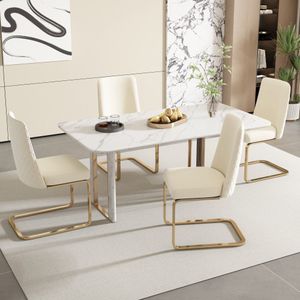 Fluwelen eetkamerstoel - Set van 4 - Luxe, woonkamer, slaapkamer, lounge stoel - Ruitvormige rugleuning met goudkleurige metalen steunpoten - Beige Gouden