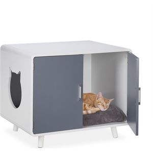 Relaxdays kattenbak ombouw design - kattenhuis op pootjes - kattenmeubel wit - kattenkast