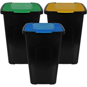 Afvalbak 50 liter - Afvalemmer 50 liter - Set van 3 - 37 x 36 x 56 cm; 3 Kg - Blauw, groen en geel