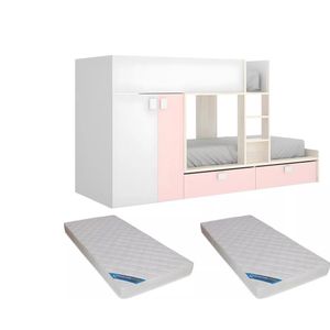 Vente-unique Stapelbed met ingebouwde kast en opbergruimte 2x90x190cm - Wit, eiken en roze + Matras -JUANITO L 275 cm x H 150 cm x D 108 cm