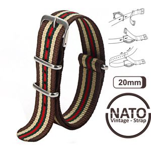 20mm Nato Strap Bruin Rood Cremé streep - Vintage James Bond - Nato Strap collectie - Mannen - Horlogebanden - 20 mm bandbreedte voor oa. Seiko Rolex Omega Casio en Citizen
