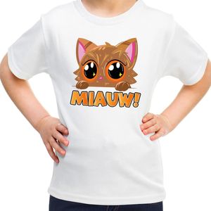 Bellatio Decorations Verkleed T-shirt voor jongens/meisjes - Miauw - wit - feestkleding voor kinderen 110/116