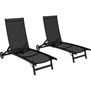 Ligstoel - Tuinligstoel - Set van 2 - Ligbed - met Wielen - Verstelbaar Rugleuning - Weerbestendig - voor Tuin - Zwembad - Strand - Aluminium - Textiel - 66 x 165 x 102 cm - Zwart