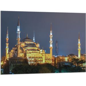 WallClassics - Vlag - Sultan AhmetMoskee in de Nacht in Istanbul, Turkije - 100x75 cm Foto op Polyester Vlag