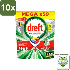 10 x Dreft - Vaatwastabletten - Platinum Plus All-in-One Citroen - Fris resultaat - 59 Tabletten - Grootverpakking - Vaatwascapsules - Vaatwasser Capsules - Anti-dofheidstechnologie - Vaatwasser Schoonmaak - Glans Herstel