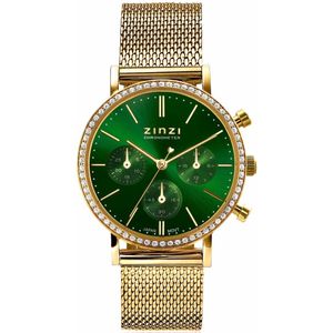 ZINZI horloge CHRONOGRAPH 36mm stopwatch groene wijzerplaat, geelgoudkleurige stalen kast met crystals, geelgoudkleurige stalen mesh band 18mm ZIW1635