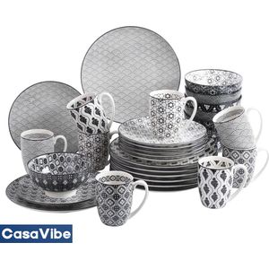 CasaVibe Luxe Serviesset – 32 delig – 8 persoons – Porselein - Bordenset – Dinner platen – Dessertborden - Kommen - Mokken - Set - Japanse Stijl - Zwart - Wit