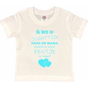 Shirt Aankondiging zwangerschap Ik ben zo schattig papa en mama besloten er nog zo eentje te ""maken"" | korte mouw | wit/aquablauw | maat 98/104 zwangerschap aankondiging bekendmaking