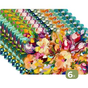 Placemats - 6 stuks - 45x30 cm - Placemat kunststof - Schilderij - Olieverf - Bloemen - Regenboog - Borden onderleggers - Decoratie voor op tafel - Keuken tafeldecoratie accessoires - Vinyl onderlegger - Tafelversiering