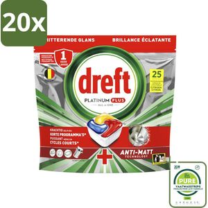 20 x Dreft - Vaatwastabletten - Platinum Plus All-in-One Citroen - Frisse geur - 25 Tabletten - Grootverpakking - Vaatwassertabs - Vaatwasser Capsules - Anti-dofheid - Glanzende Vaat - Vaatwasser Schoonmaak