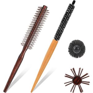 Kleine ronde haarborstel met houten handvat - 2 stuks stylingborstel voor dun haar en baard