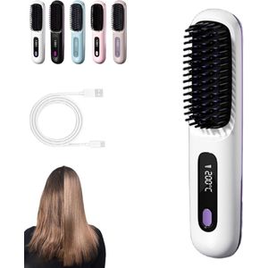 1 draadloze stijlborstel: draadloze mini-stijlborstel, oplaadbaar via USB, 3 temperatuurstanden, met LED-scherm, voor onderweg, voor op reis en pluisvrije styling (Wit)