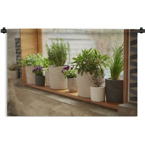 Wandkleed Planten in de vensterbank - Potten met viooltjes en kruiden in een vensterbank Wandkleed katoen 150x100 cm - Wandtapijt met foto