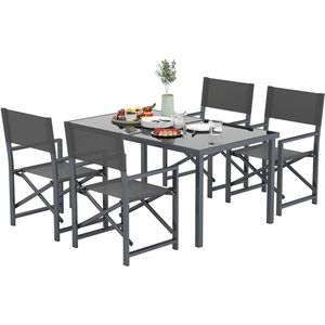 Sweiko Tuin Dining loungeset - 5-delig - Staal - 4 opvouwbare stoelen - Glazen tafelblad - Grijs