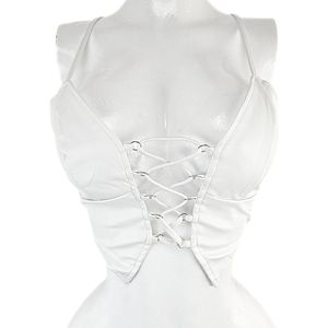 Top - Maat S/M - Nep leer imitatie leder Sexy bh crop top met vetersluiting Wit