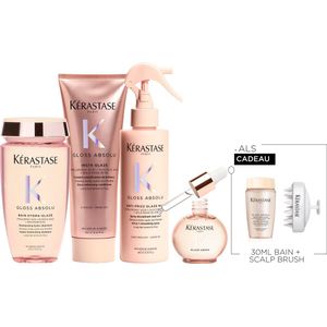Kérastase Gloss Absolu Anti-Frizz Routine + 2 Cadeau's - Shampoo 250ml, Conditioner 250ml, Leave-in Haarspray 190ml & Glaze Drops 45ml + Shampoo 30ml & Scalp Brush cadeau - Voor Lang Haar Gevoelig voor Pluis