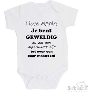 100% katoenen Romper ""Lieve MAMA je bent geweldig en zal een supermama zijn. Tot over een paar maanden!"" Unisex Katoen Wit/zwart 68/74