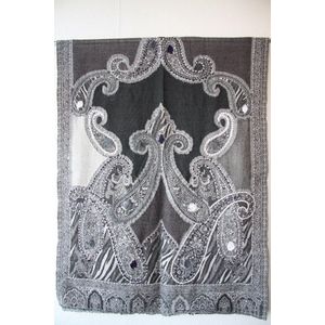 Wollen dames sjaal in diverse grijs tinten met wol-wit 70 x 180 cm