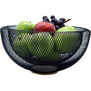 Fruitmand, L29,5cm x B29,5 x H15cm fruitschaal van metaal in zwart met bamboehout, decoratieve draadmand voor het opbergen van fruit, groenten, als broodmand, Pasen, eieren etc. in de keuken of woning, Moederdag, Vaderdag