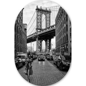 New York - Manhattan - Brug - Zwart - Wit Kunststof plaat (3mm dik) - Ovale spiegel vorm op kunststof
