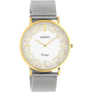 OOZOO Timepieces - Goudkleurige horloge met zilverkleurige metalen mesh armband - C20135