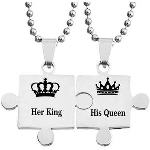 His Queen & Her King Puzzelstukken Ketting Set (Zilver kleurig) - Romantisch Liefdes Cadeau - Mannen Cadeautjes - Cadeau voor Man